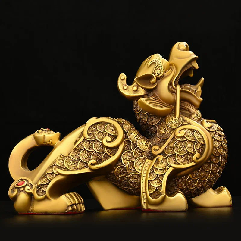 Feng Shui Pixiu Wealth Statue， Brass Money Beast Covered in Coins， Fortune Plutus Pair Figurine for Home Office Desk， Prosperity