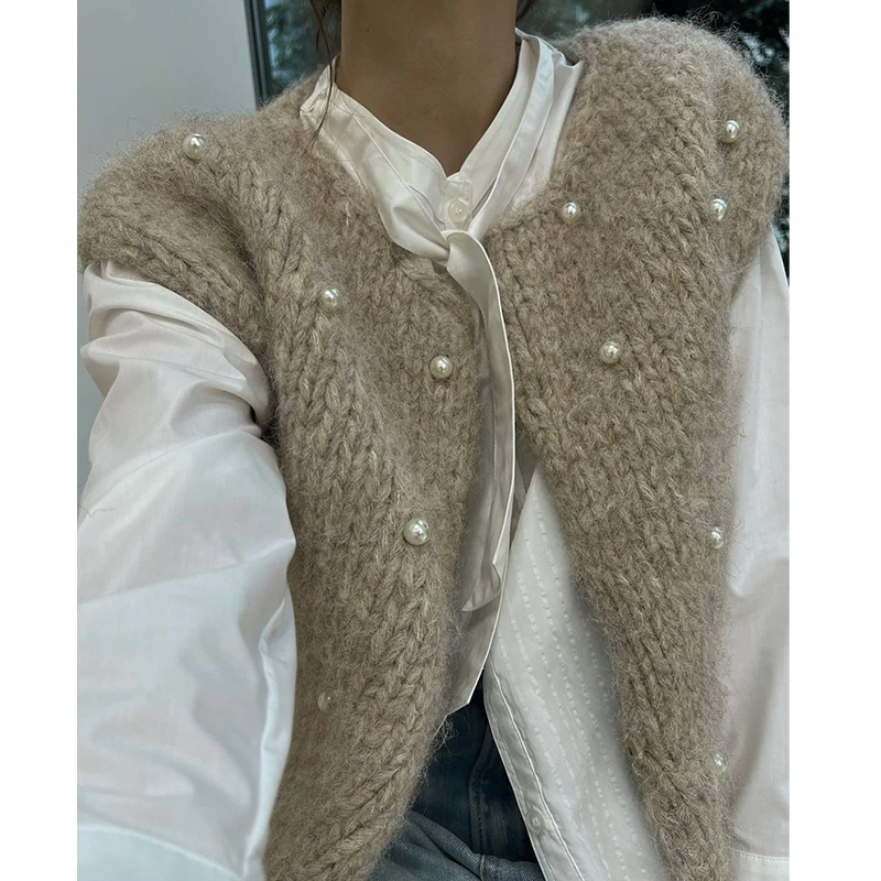 Clothland Women Chic Pearl Beading Knitting Vest Sleeveless Jacket Female Outwear Fashion Tops Coat Waistcoat MA153