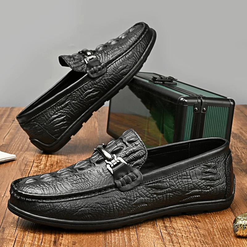 Men's Casual Soft Bottom Driving Shoes Leather Surface Bean Pattern Comfortable Breathable round Toe Crocodile Texture