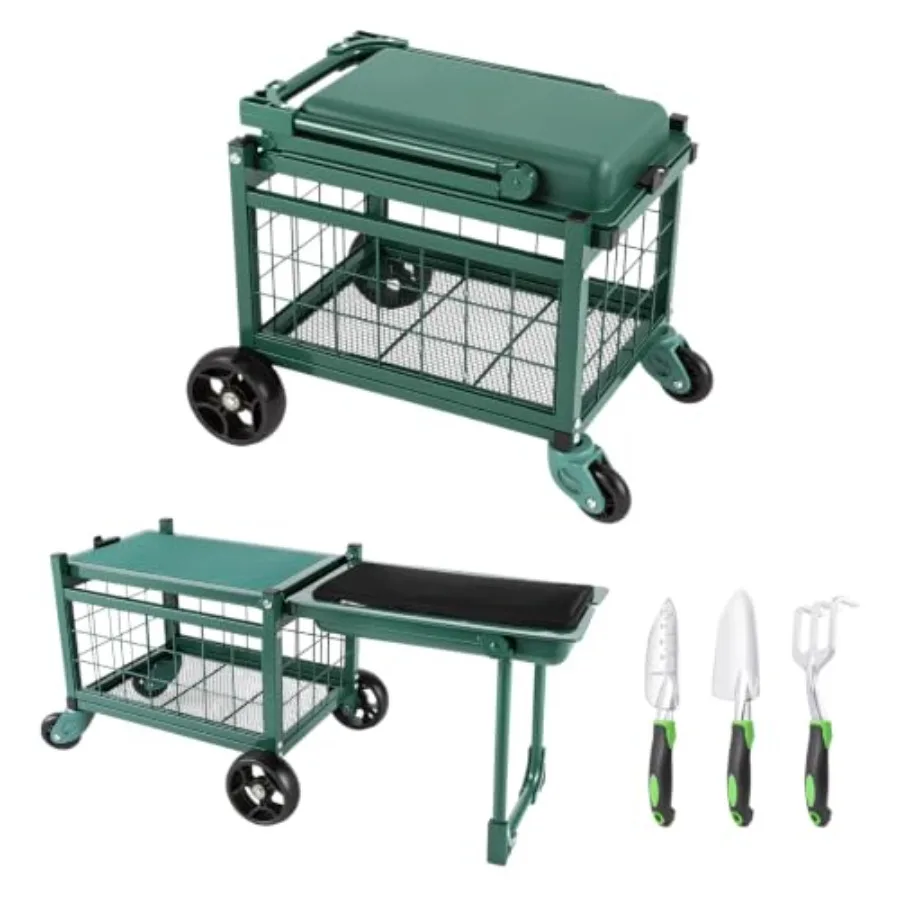 Rolling Garden Cart with Tool Bag and 3-Piece Garden Tools Set, Garden Work Seat and Heavy-Duty Wagons with 360° Swivel Wheels,