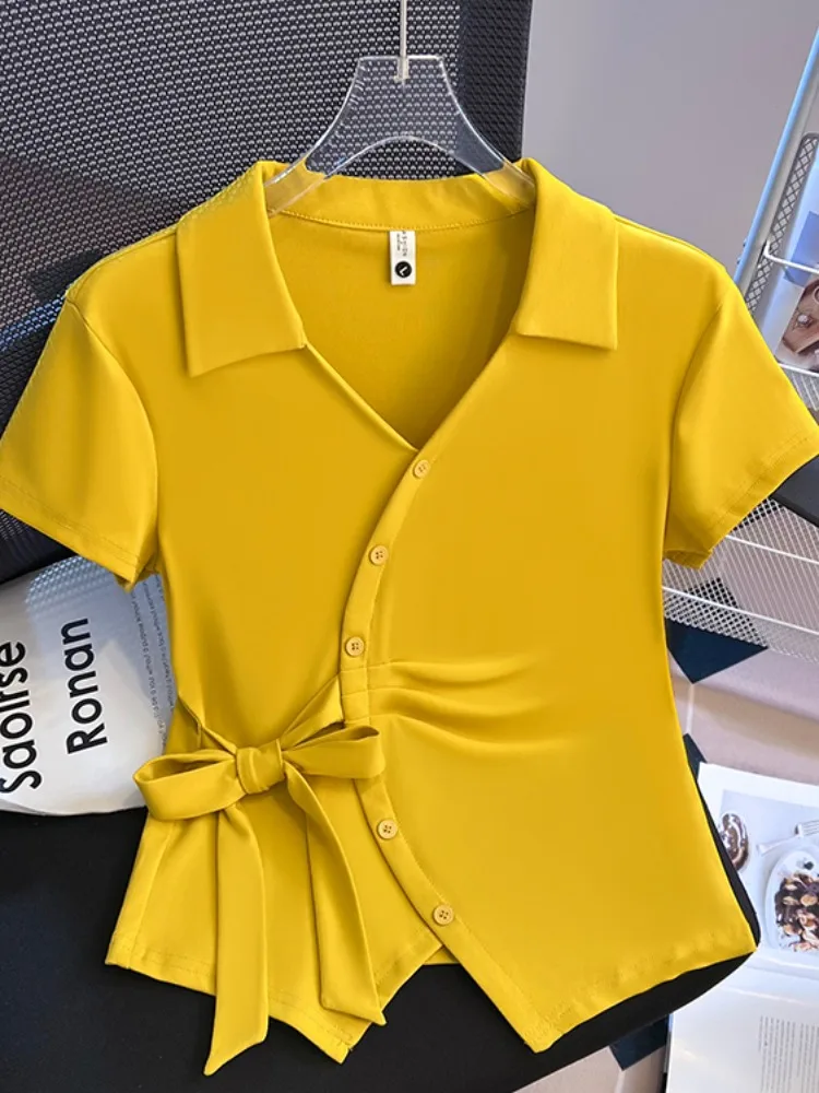 

Women's irt T-irt Stand Collar Waist-Cinching ort Sve Summer ort Length Uneven Design Korean Sle Cotton Blend