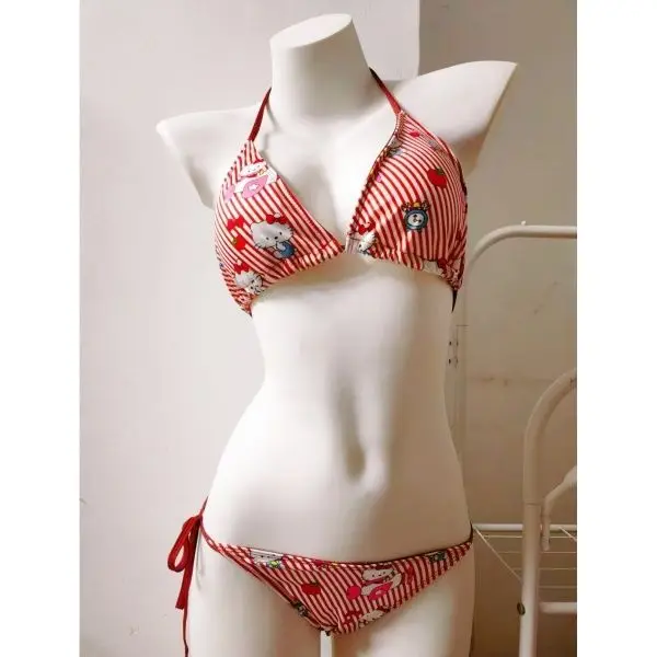 Cute Hello Kitty Striped 3 Piece Bikini Set Women Kawaii Halter Triangle Swim Top Side Tie Bikini Bottom Matching Mini Skirt view 2