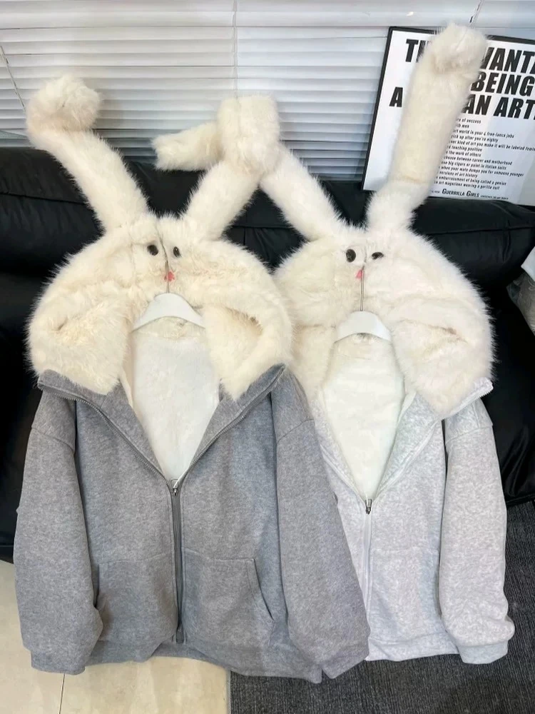 Sweet Kawaii Plush Rabbit Ear Hooded Coat Women Cute Aesthetic Loose Jacket Autumn Winter Warm Casual Long Sleeve Hoodies New