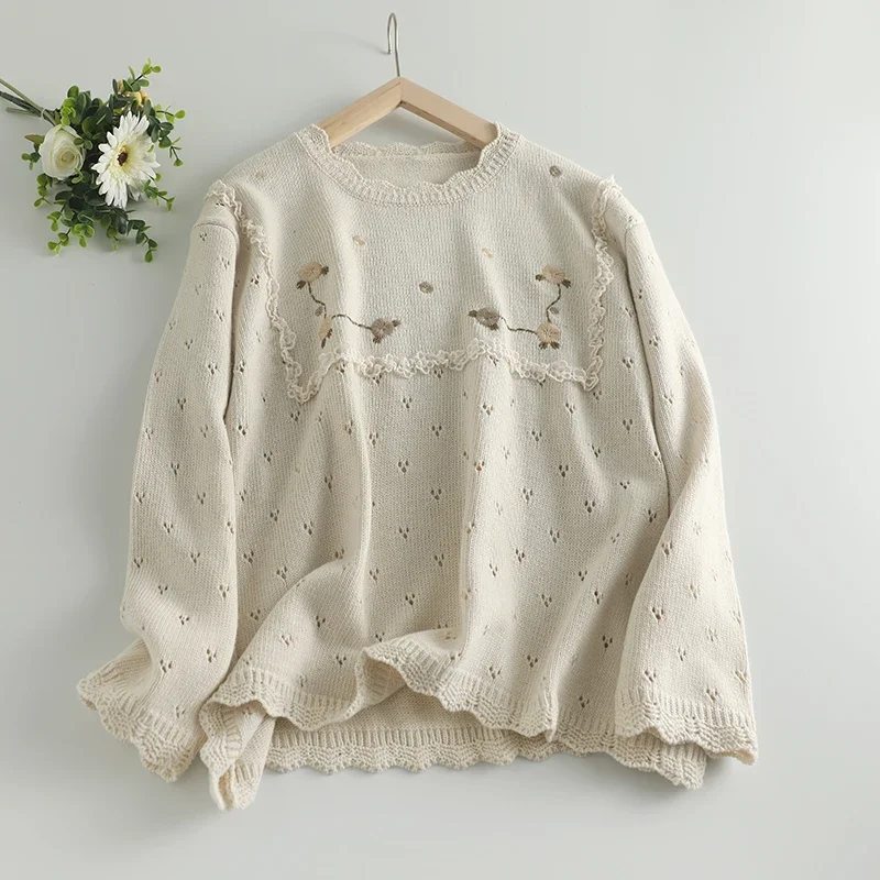 Sweet Mori Girl Vintage Embroidered Knitted Sweater Pullovers Women O-neck Long Sleeve Hollow Out Casual Loose Tops