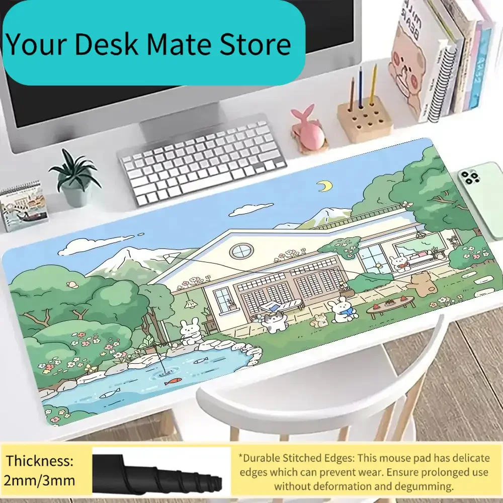 Cute Bunny on Lotus Pond Extended Gaming Mouse Pad Kawaii Summer Desk Mat Non-Slip Keyboard Pad