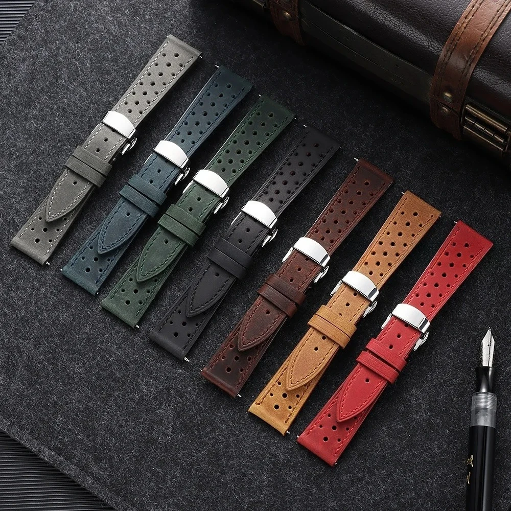 Vintage Racing Leather Watch Strap 18/19/20/21/22/24mm Quick Release Strap Butterfly Buckle Brown Breathable Porous Watchbands