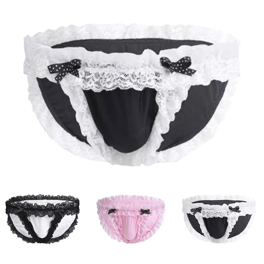 Herren Spitze Rüschen Bikini Unterwäsche Krempe Slips Sissy niedrige Taille Höschen weiche Tasche Schlüpfer elastische Unterhose Versuchung Dengeri