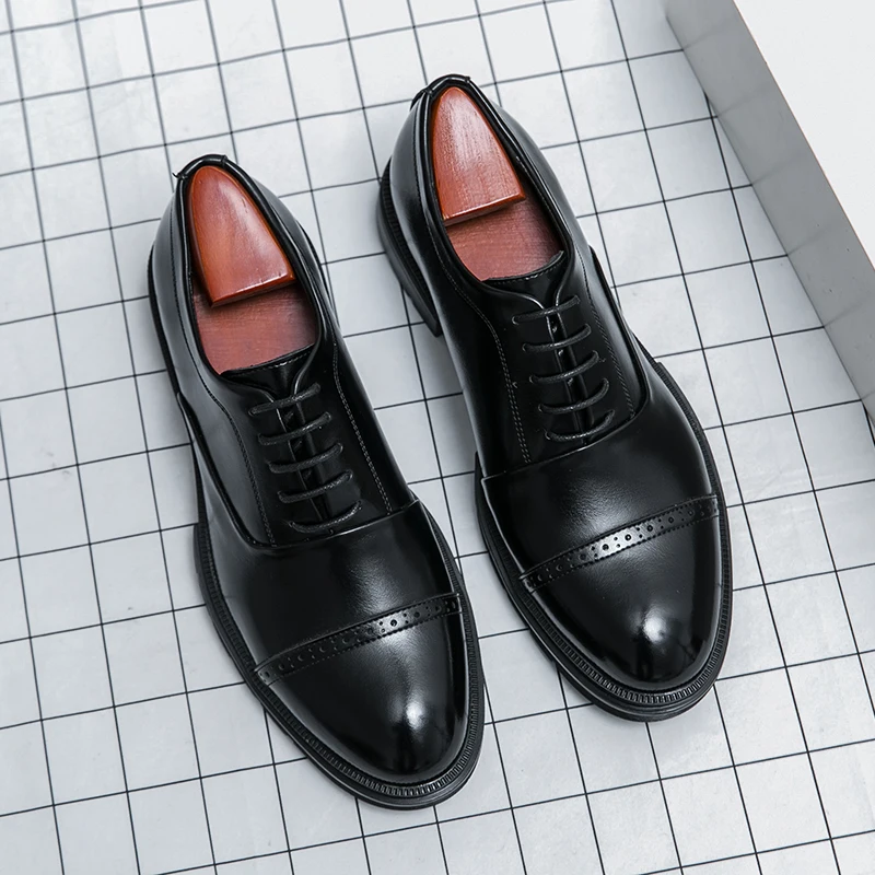 Luxury Men Cap Toe Oxford Dress Shoes, Genuine Leather Laceup Formal Shoes, Gentleman Point Toe Office Wedding Business Footwear