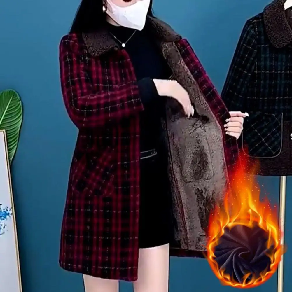 

Women Fall Winter Coat Thickened Plush Lapel Long Sleeve Plaid Print Pockets Single-breasted Mid Length Lady Long Jacket