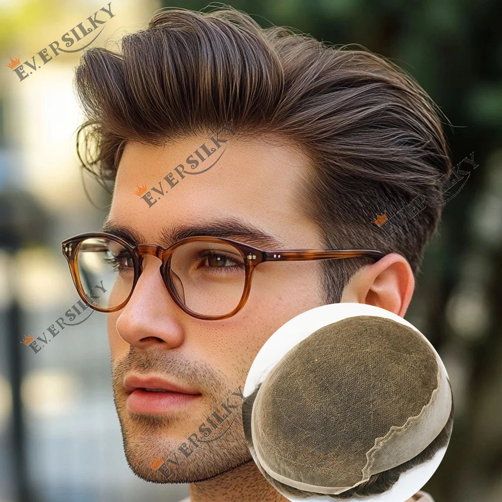 Unsichtbares Q6 Swiss Lace&PU Herren-Toupet mit natürlichem Haaransatz, Aschblond Braun, 100% Echthaar 22R # 1B65 Graues Atmungsaktives Haarteil – Detail 1