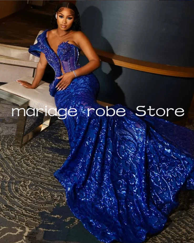 Robe de soirée longue de forme sirène, bleu Royal, scintillante, paillettes de cristal Gillter, robe de bal d'anniversaire pour filles noires, personnalisée