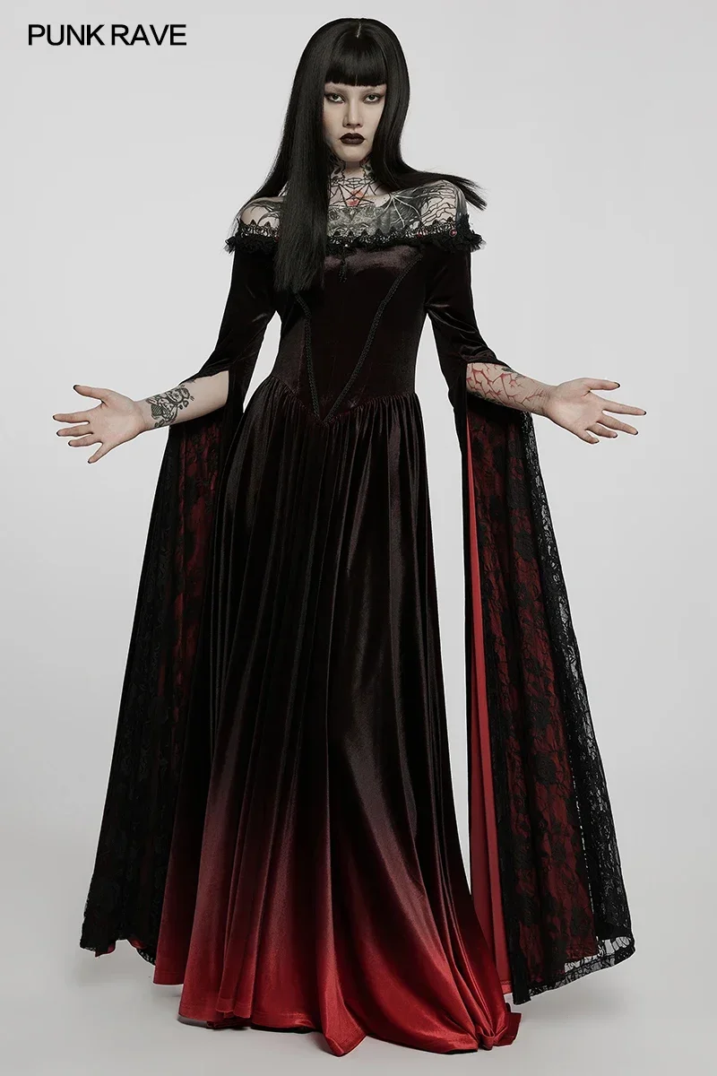 PUNK RAVE Women\'s Gothic Gradient Velvet Nobility Long Gown Off Shoulder Dreamy Distinctive Split Sleeves Party Club Dress
