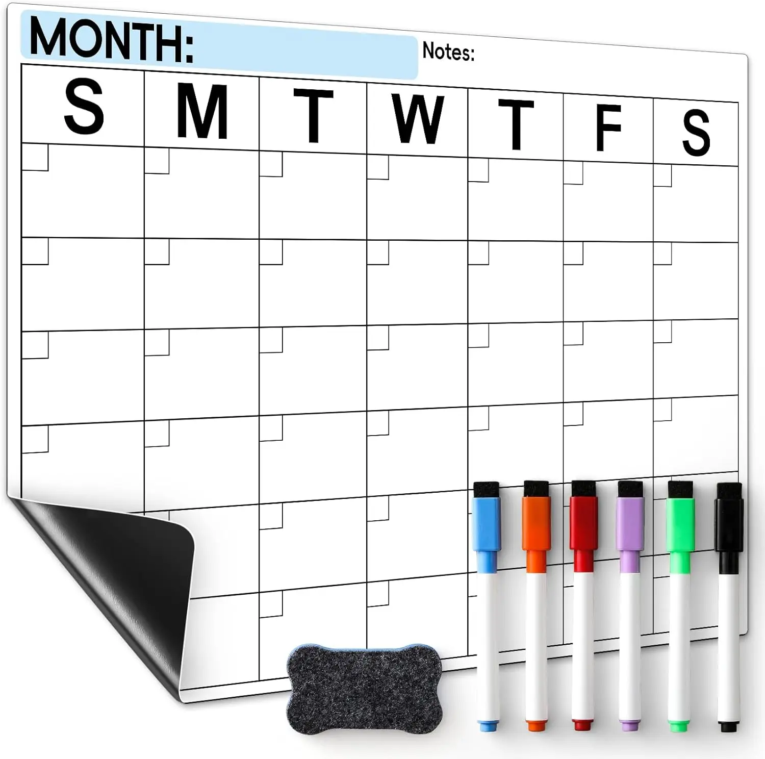 

Magnetic Dry Erase Calendar for Refrigerator - Monthly Planner Whiteboard with 6 Markers, 14x11 Inches, Black