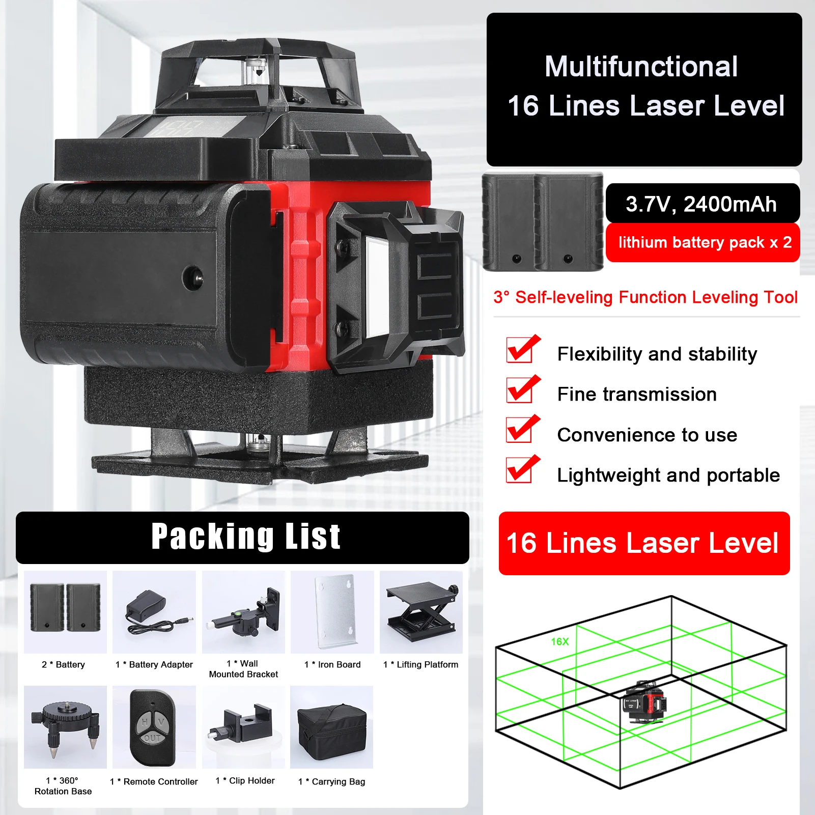 Lepmerk 4D 16 Lines Laser Level 360° Self-leveling Machine Rechargeable Lithium Battery Leveling Tool Home Improvement Tools Set