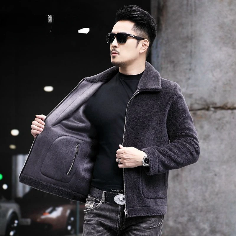 

2022 Men's Autumn Winter New Genuine Lamb Fur Jackets Male Zipper Sheep Shearing Coats Men Lapel Solid Color Outerwear V07