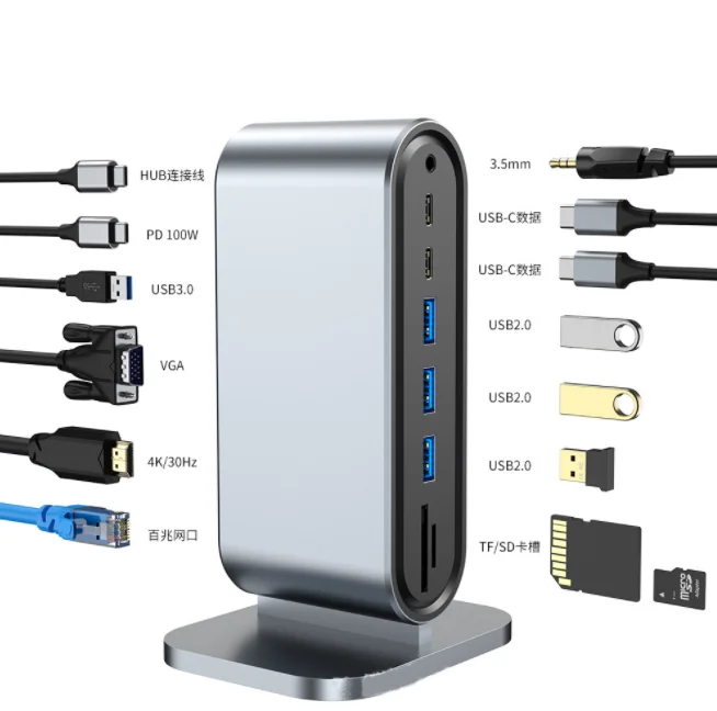

Высокое качество 12 в 1 USB C-концентратор Многофункциональная док-станция типа C HDTV + VGA + RJ45 (100 Мбит/с) + USB3.0 * 4 + SD USB-C адаптер для ноутбука