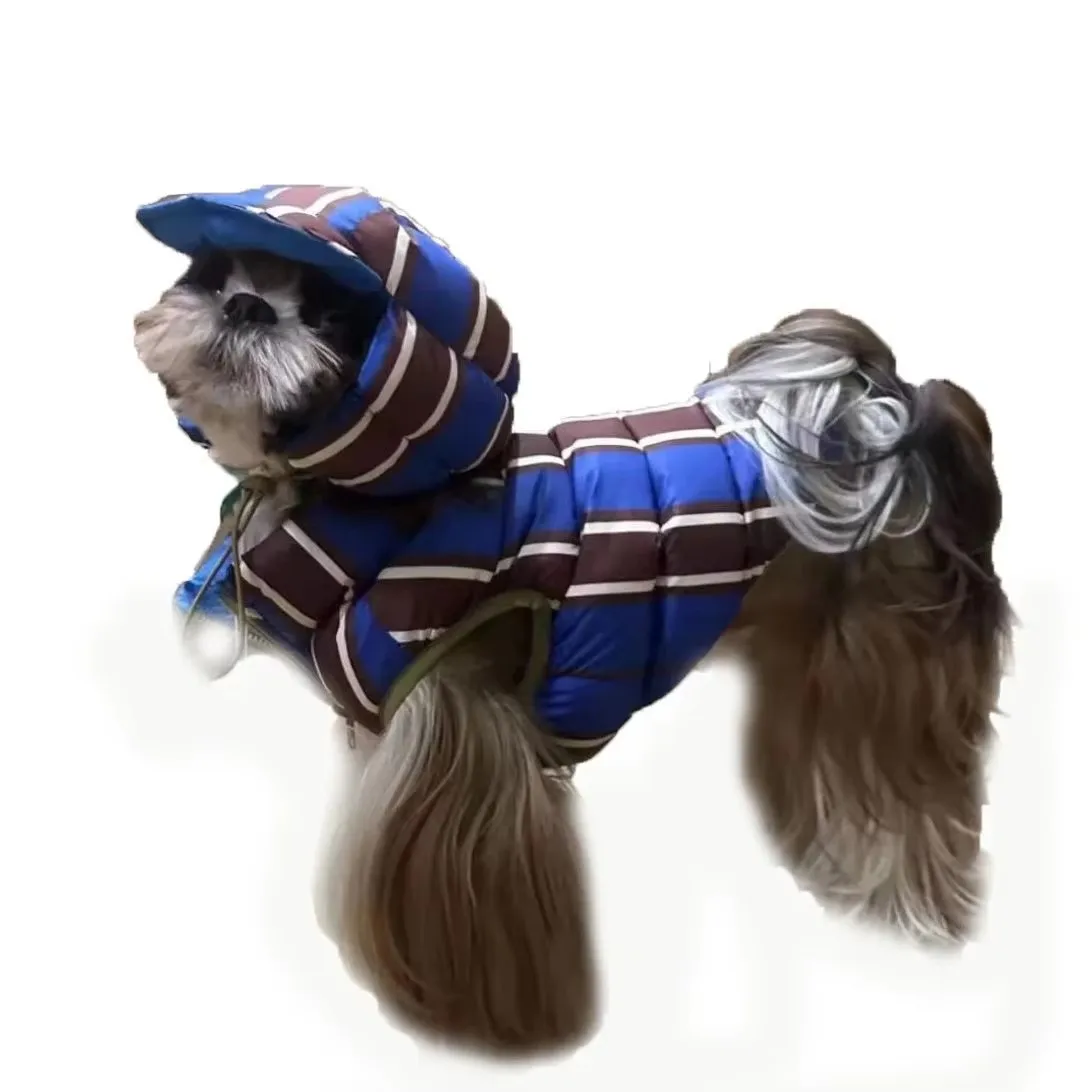 Winter Warm Dog Cotton Coat For Small Medium Puppy Bichon Teddy Stripe Vest Drak Blue Dog Warm Jacket Coat With Hat Pet Clothes