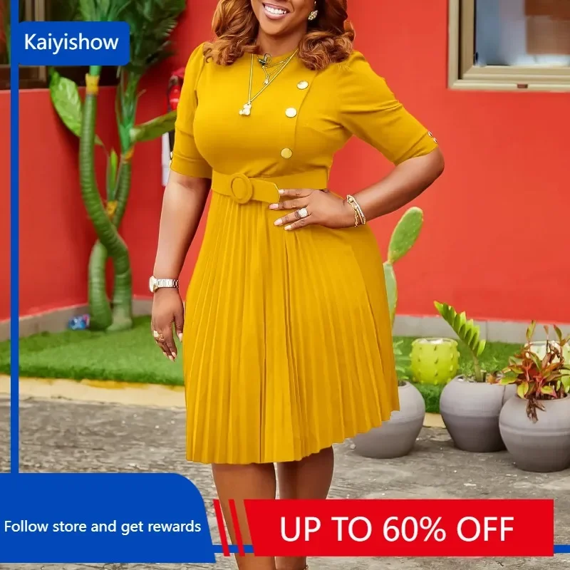 

Осеннее элегантное плиссированное платье миди, женское однотонное Деловое платье с рюшами и пуговицами, женское платье для офиса с поясом