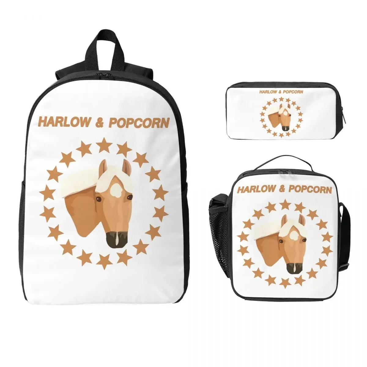 Harlow And Popcorn Merch Popcorn The Pony Backpack BookBag School Bag Computer Shoulder Bags 3ps Insulated Lunch Bag Pencil Case