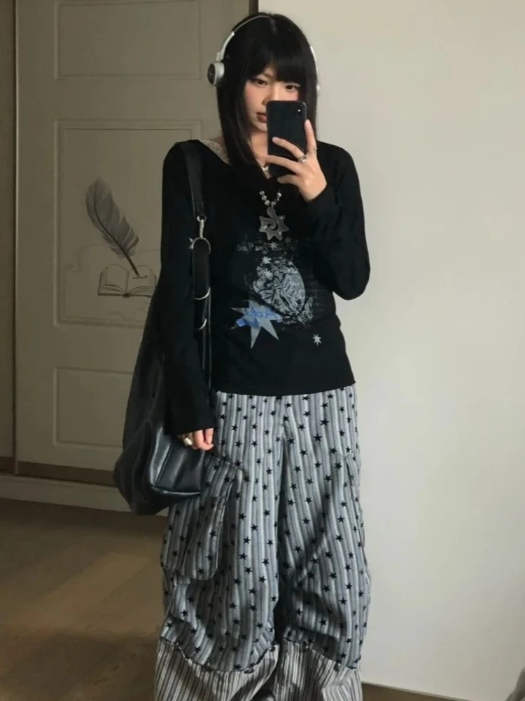 HOUZHOU Vintage Y2k Graficzne Koszulki Damskie Harajuku Gotyckie Czarne Koszulki z Długim Rękawem Grunge Retro Punk Streetwear Koszulki z Nadrukiem