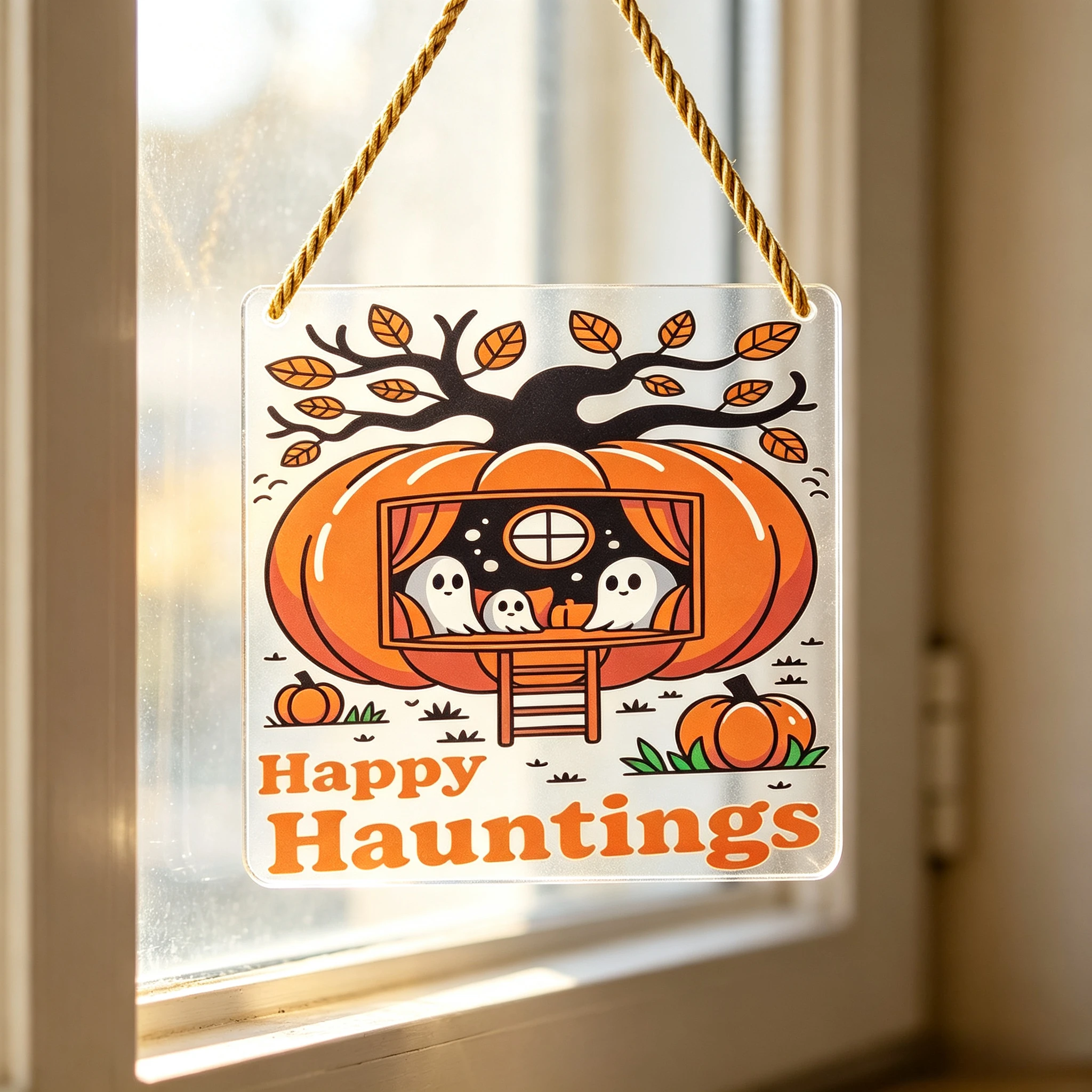 Happy Hauntings Pumpkin Ghost House Acrylic Hanging Sign, Halloween Wall Decor