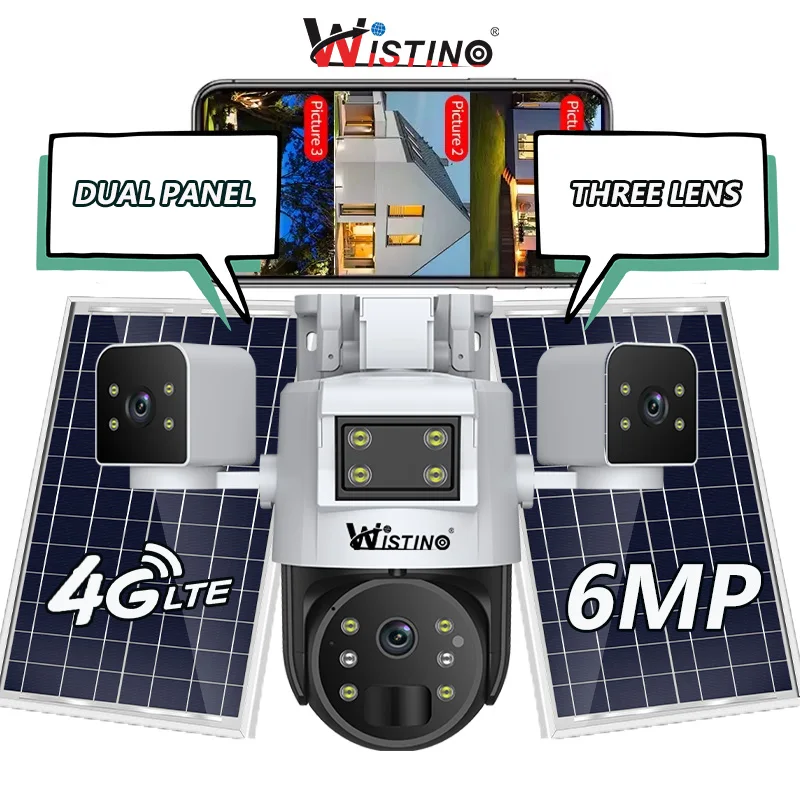 

Wistino Okampro 4G Solar Camera Outdoor Triple Screen Motion Detection Alarm Dual Battery Panel IP66 Waterproof 4G CCTV Camera
