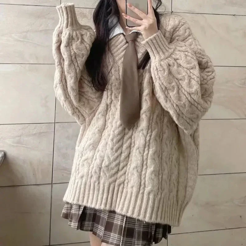 Autumn Winter Women Sweater Harajuku Oversized Knitted Pullovers Korean Long Sleeve V Neck Knitwear Preppy Solid Loose Jumper