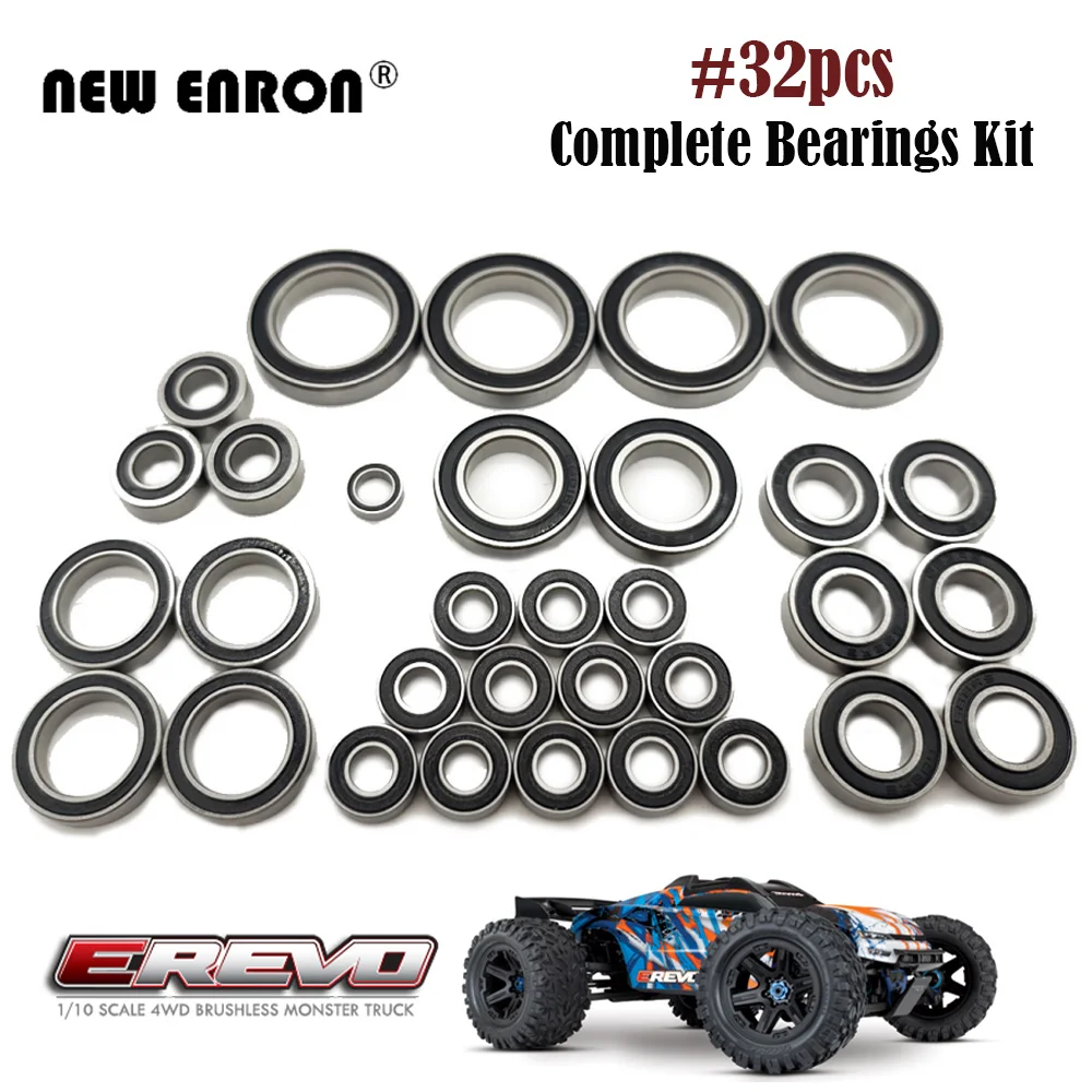 32Pcs Complete Bearings Kit Black Rubber Sealed Pre-Greased Chrome Steel For RC Car 1/10 Traxxas E-Revo ERevo 2.0 VXL Brushless