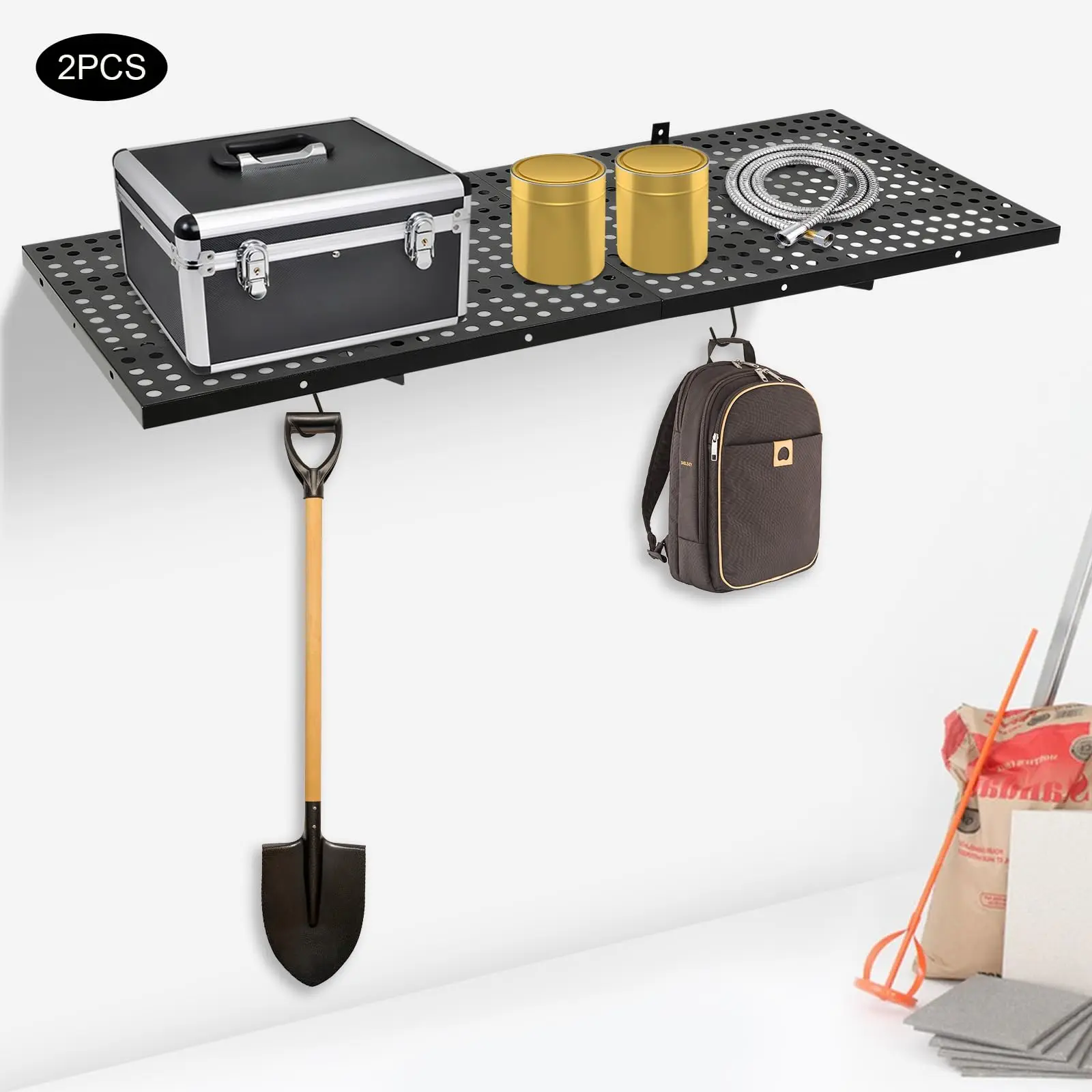 Настенная полка для гаража, 2 шт., 20 x 48 дюймов, сверхмощная черная стальная гаражная полка для хранения, 2-уровневые настенные плавающие полки для хранения велосипедов