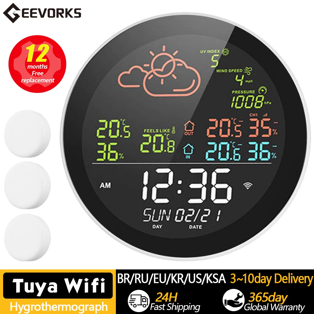 Tuya Wifi Smart Weather Station with Clock Temperature & Humidity Meter Multifunctional Large Color Screen Weather Clock