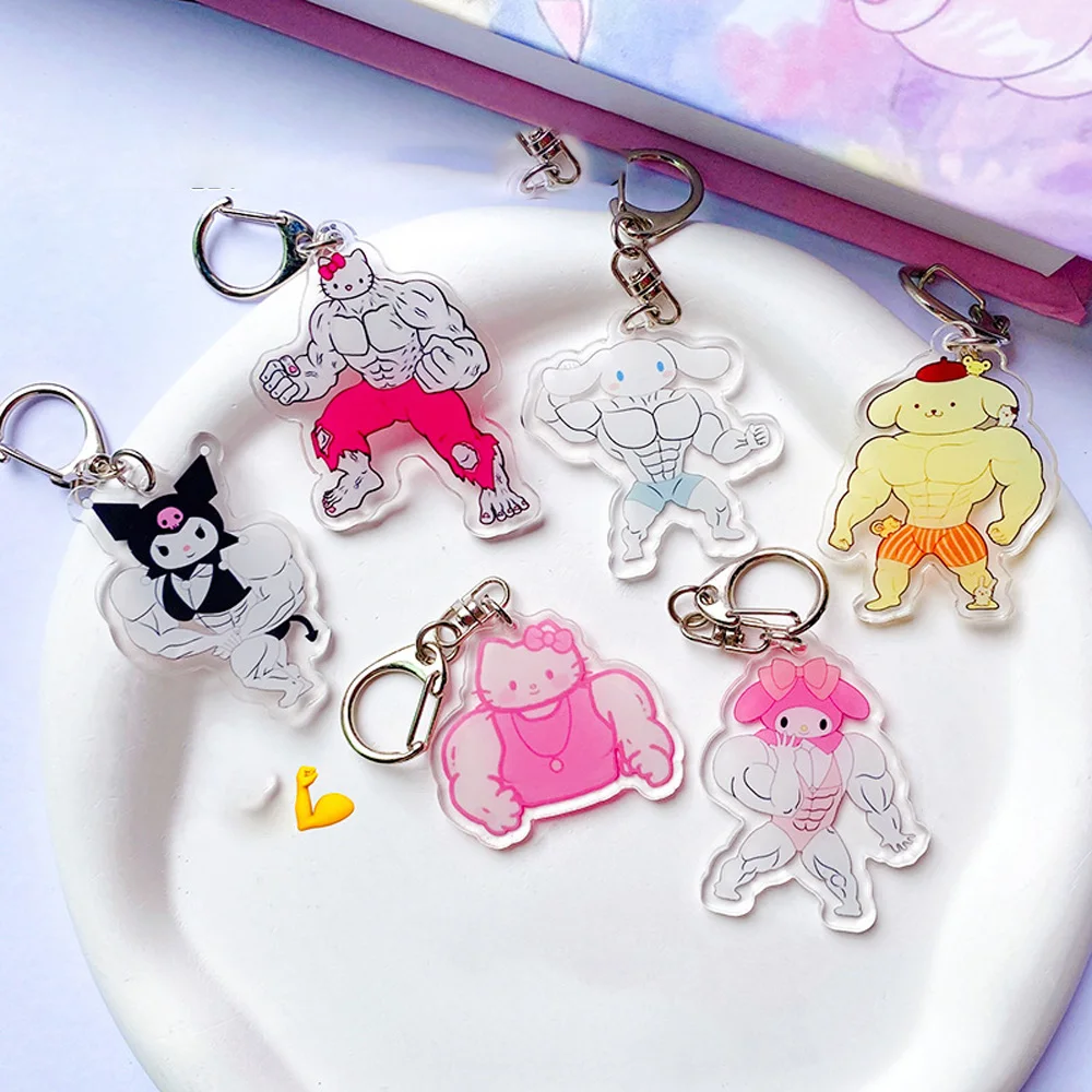 Sanrio Keychain Cartoon Muscle funny Kuromi Cinnamoroll Keychains Acrylic Hello Kitty Backpack Pendant Car Keyring Kid Toy GIift