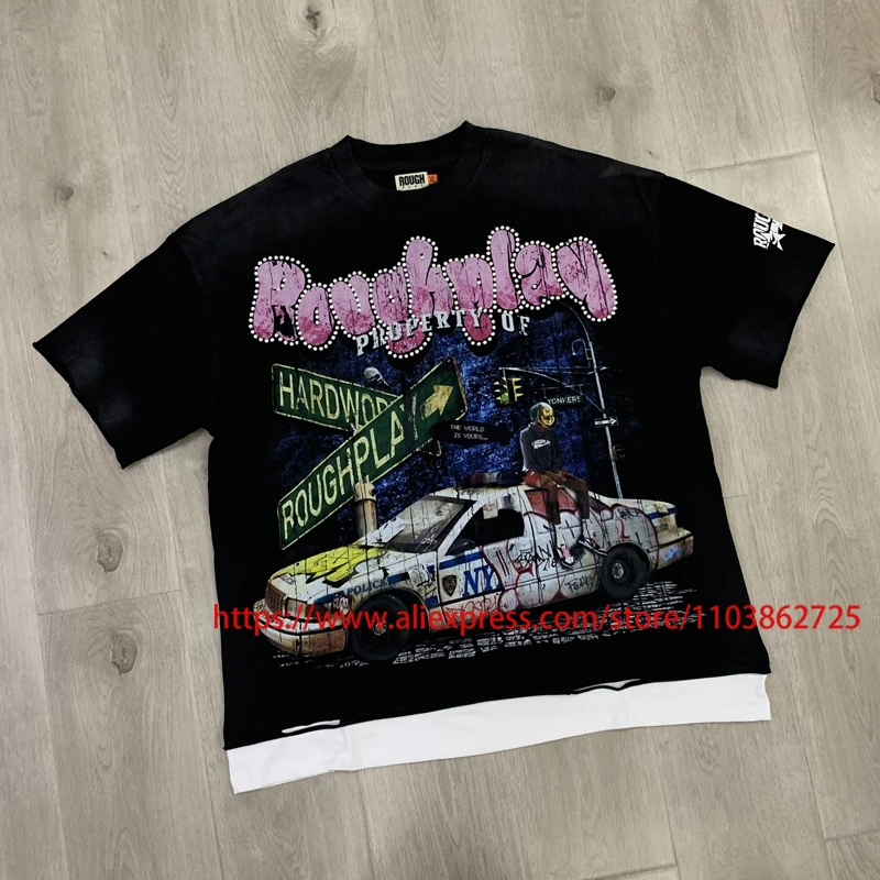 Unique Classic Wash Black Roguh Play Tops Tee Men Women Casual High Quality Cotton Hip Hop Hot Diamond Print ROUGH PLAY T Shirts