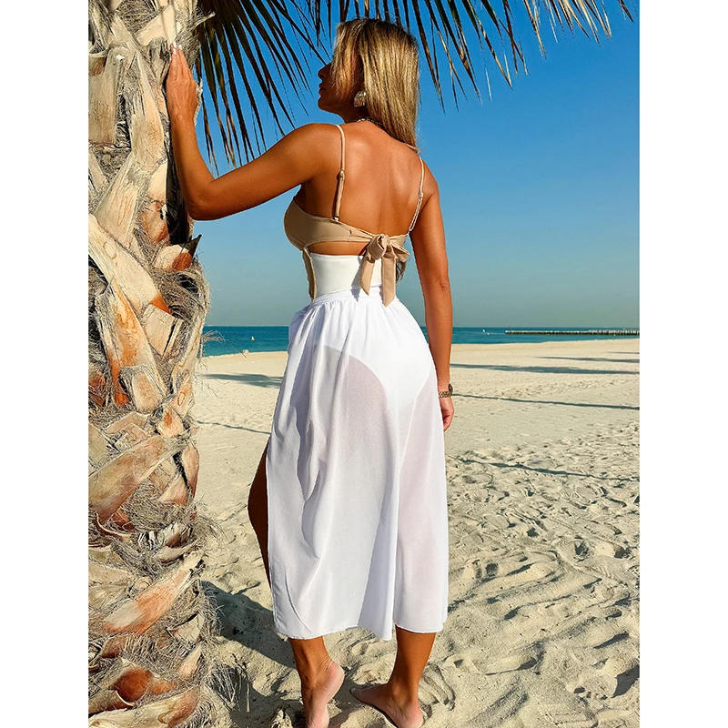 Bikini de una pieza con bloque de Color para mujer, traje de baño Sexy con falda para la playa, traje de baño de moda para vacaciones en la playa de verano