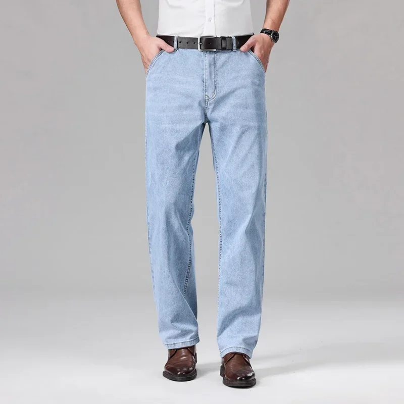 2026 Thin for Summer Men's Luxury Classic Style Men Jeans 95% Cotton Loose Straight Business Stretch Denim Male Trousers