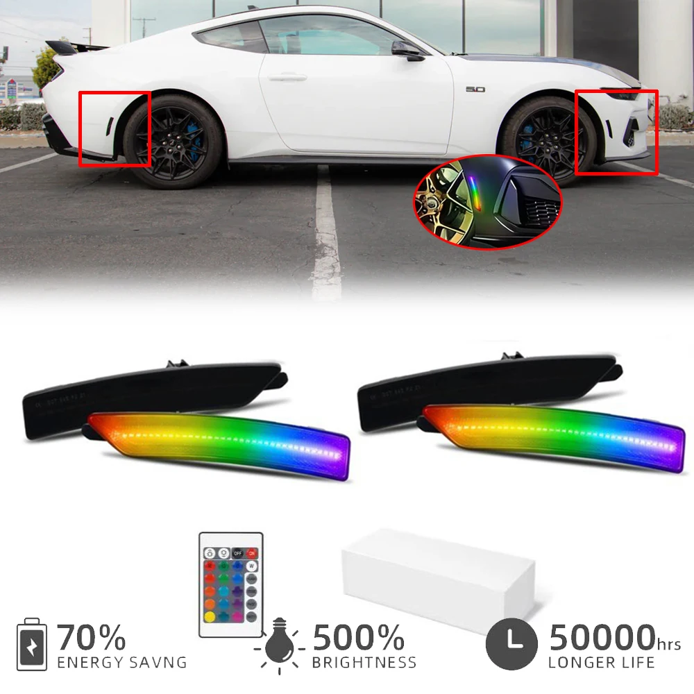 

4 шт. многоцветный светодиодный боковой габаритный фонарь на переднее и заднее крыло для Ford Mustang 2024-Up S650 Gen7, автомобильный Стайлинг, индикаторная лампа