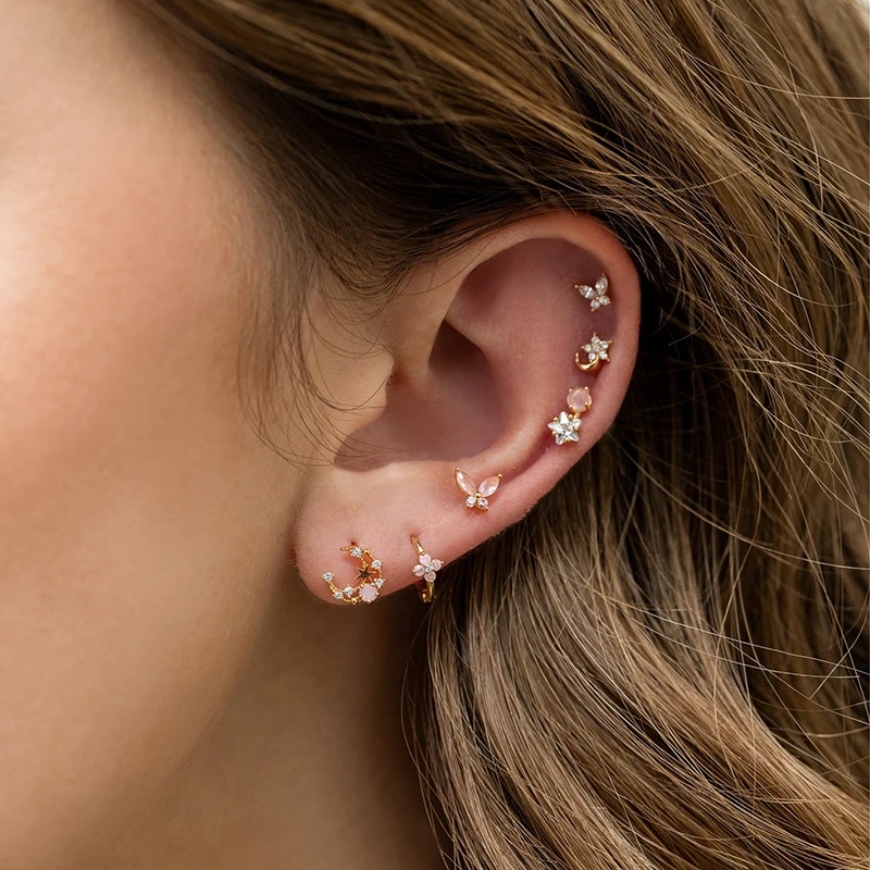 

Fashion Pink CZ Zirconia Star Moon Stud Earrings for Women Gold Plated Piercing Butterfly Earrings Fashion Jewelry Accessory