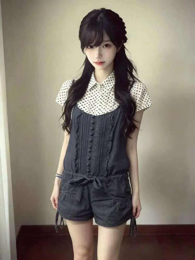 Japan Kawaii 2 Piece Short Sets Women 2000s Harajuku Vintage Lolita Suits Polka Dot Short Sleeve Blouse + Mini Short Y2k Sets
