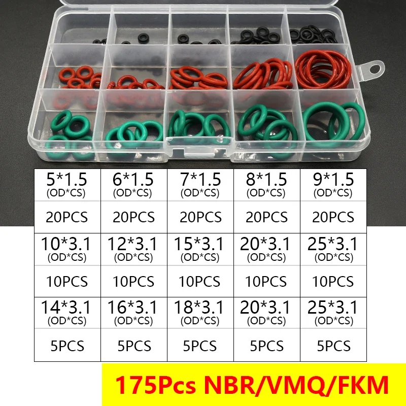 Boxed VMQ NBR FKM O Ring Set Rubber Washer Seals Assortment Red/Black/Green O-Ring Seals Set High Quality For Car Gasket