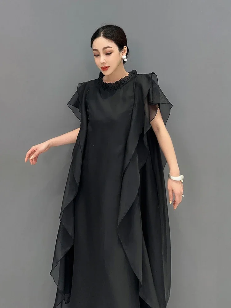 Xitao ärmellose Volant kante Kleid schwarz lose Mode Einfachheit Temperament Frauen O-Ausschnitt Frauen Sommer neues Kleid wld20144