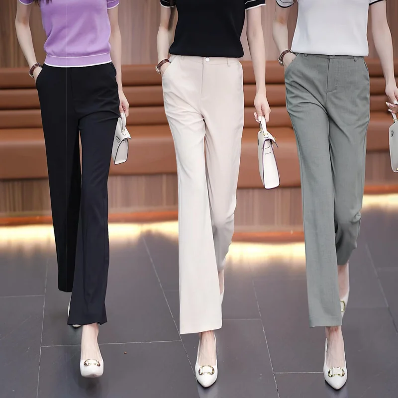 

Женские повседневные брюки-клеш, новый летний фасон, с высокой талией, стройнящие, струящиеся, прямые брюки-костюм, черные брюки-клеш.