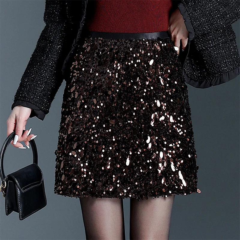 

Ele Sequin Embellied A-Line Skirt Women's High Waist Slim Fit ort Skirt for Autumn Winter Faion Sexy Sle
