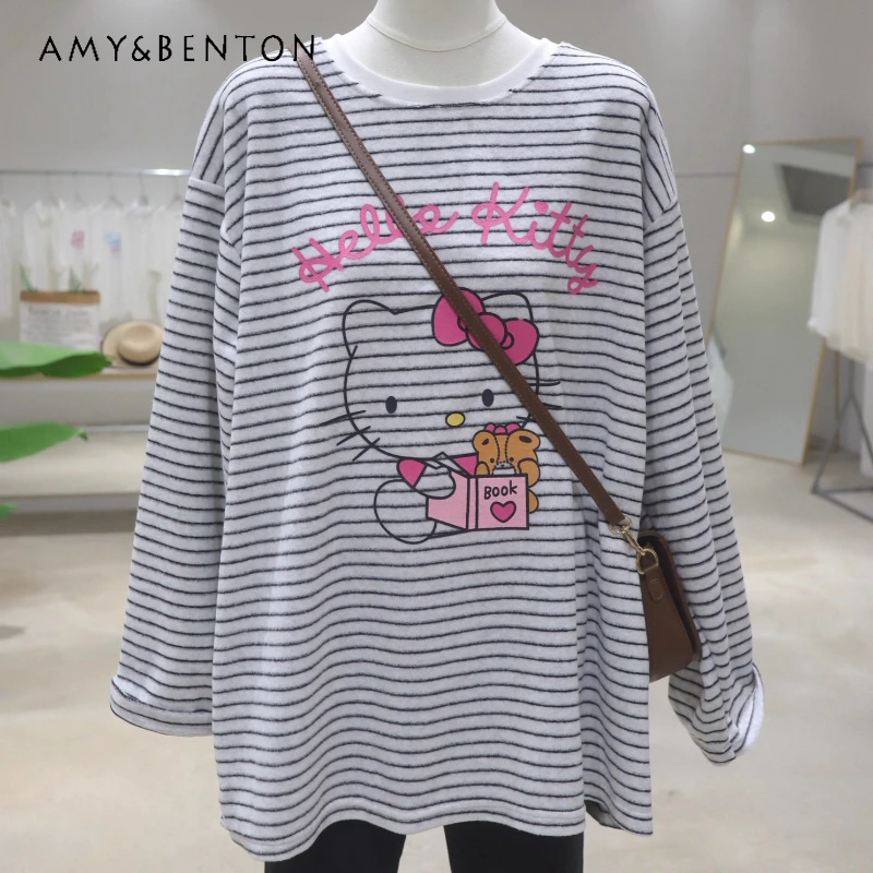 

Плюшевый утолщенный возрастной пуловер с круглым вырезом из мультфильма, осенний свободный утягивающий полосатый свитер средней длины с длинными рукавами и внутренней футболкой для девочек