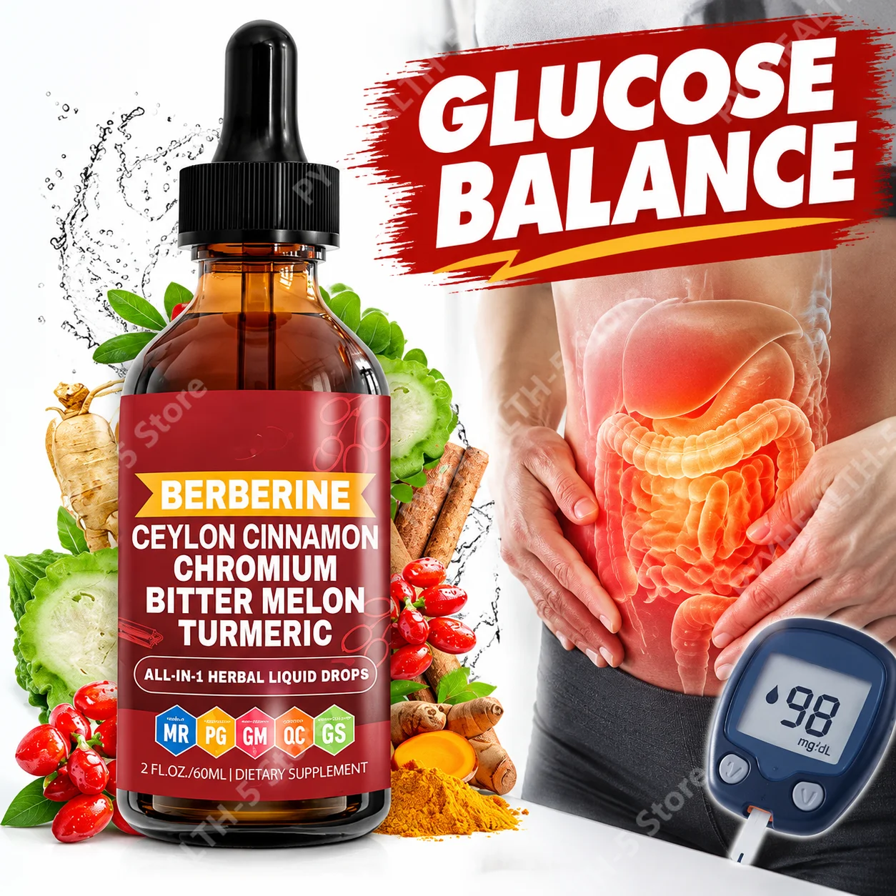 Berberine Liquid Drops Smooth Glucose Levels, Ease Metabolic Fatigue, Chromium Cinnamon Bitter Melon Turmeric Formula, 60mL