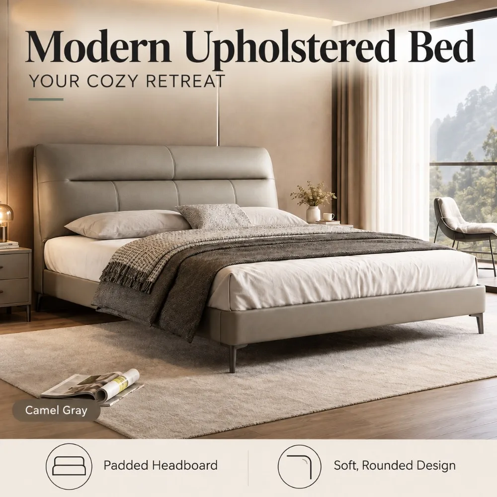 Italian Modern Minimalist Double Bed High Comfort Fabric Upholstered Bed Solid Pine Frame Large Bedroom Bed for Master Room