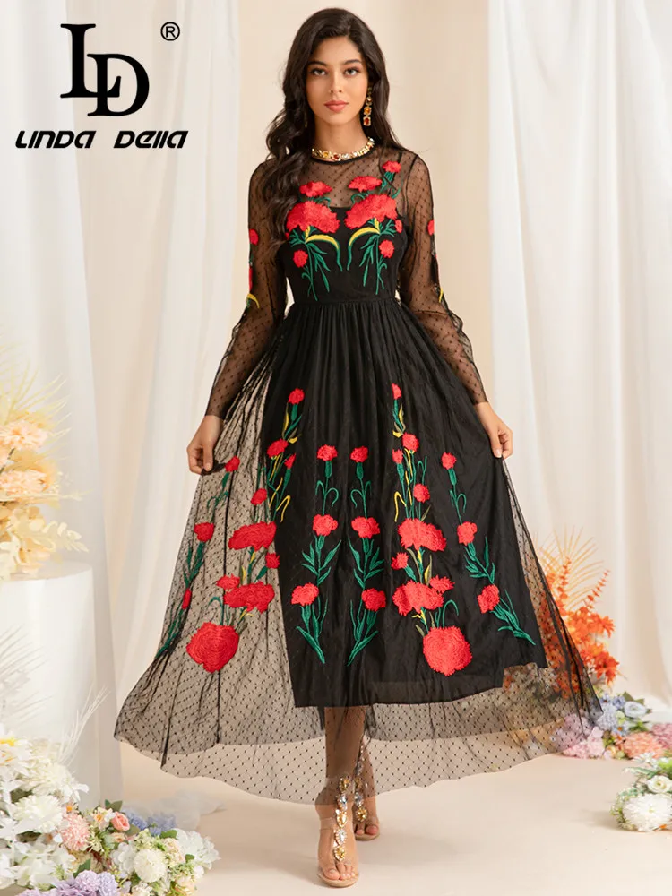 

LD LINDA DELLA European Station Summer Dress New Mesh Embroidery Socialite Elegant Waist Slimming Long Dress Women