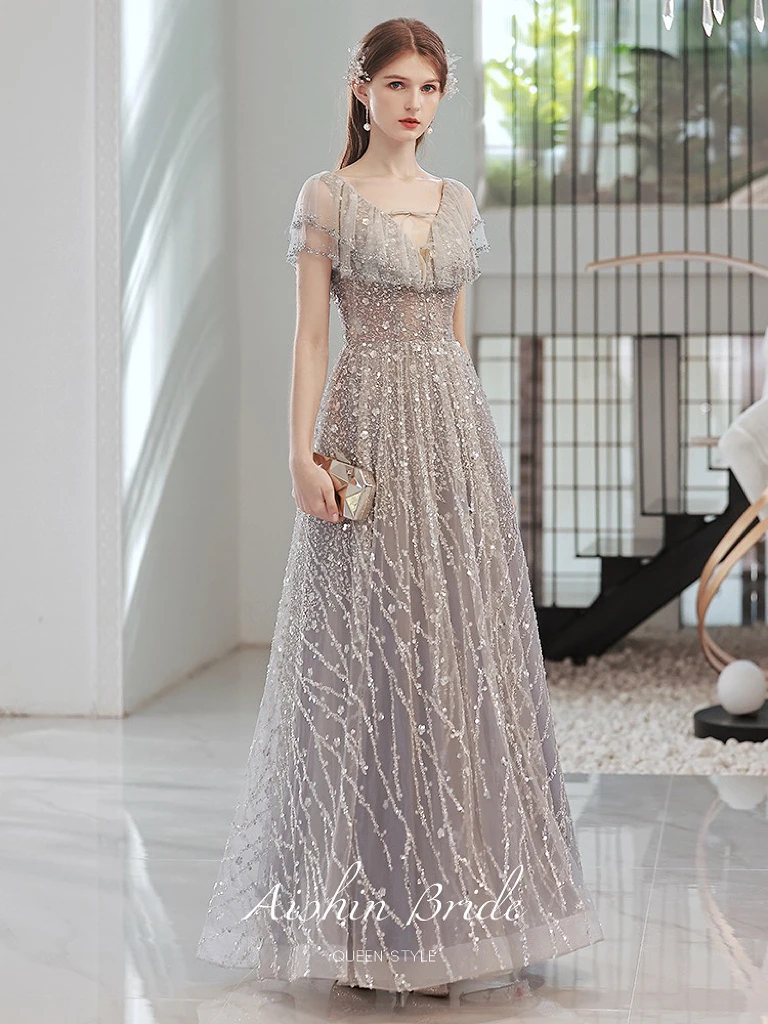 Luxury Gray Evening Dress Exquisite V-Neck Ruffle Flare Sleeve Tulle Beading Glitter Sequins Banquet Wedding Birthday Prom Gowns