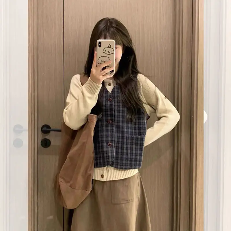 Japanese Style Preppy Style Three Piece Sets Fashion Autumn New Women Button Knitted Cardigan Plaid Vest Skirts Sweet Skirt Suit