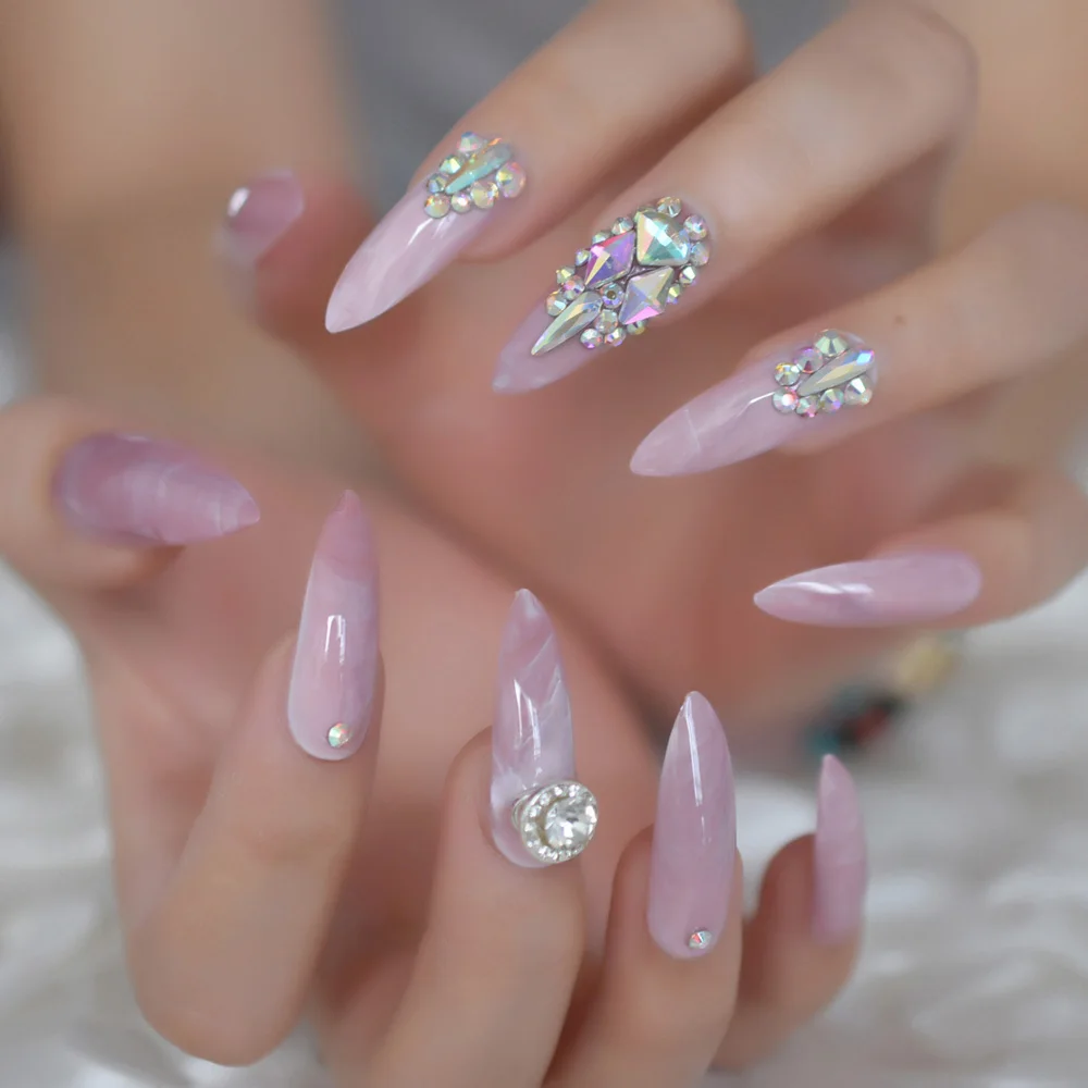 3D Rhinestone Luxery Extra Long Stiletto False Nails Tips Pointed Sharp Stilettos Fake Nail Marble Pink Gel Press on Nails