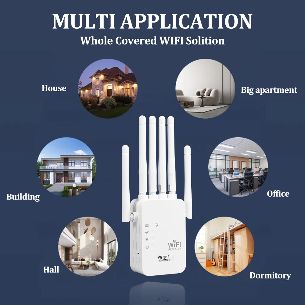 OPTFOCUS 와이파이 리피터, 1200Mbps, 5G, 2 Lan 신호 리피터, 무선 와이파이 익스텐더 증폭기, 6 안테나, 와이파이 증폭기 부스터