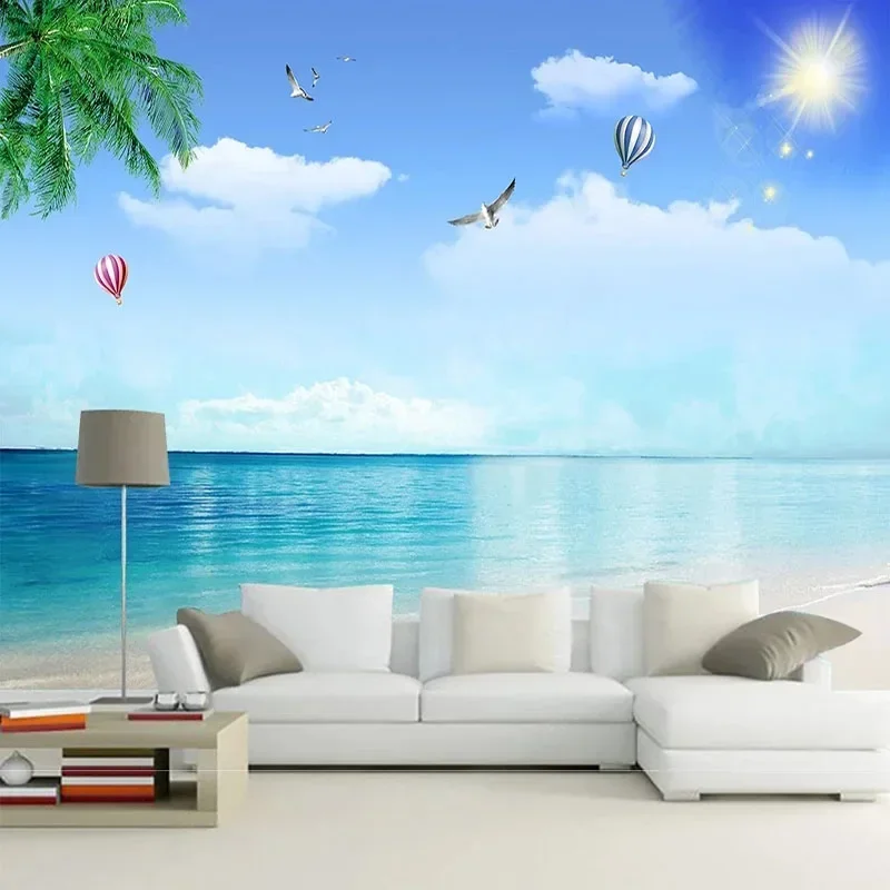 

Custom 3D Mural Wallpaper Sea View Beach Seagull Coconut Tree Hot Air Balloon Background For Bedroom Walls Papel De Parede Tapet